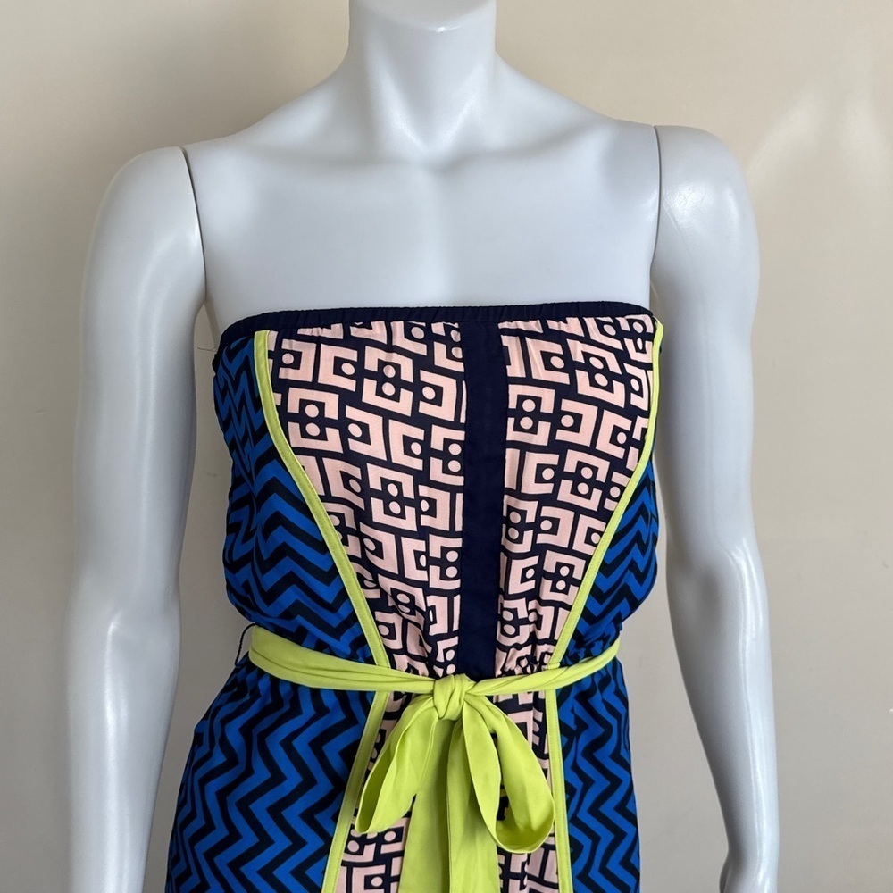 Jealous Tomato Strapless Blue Chevron & Neon Yellow Belt Maxi Dress - Picture 4 of 5